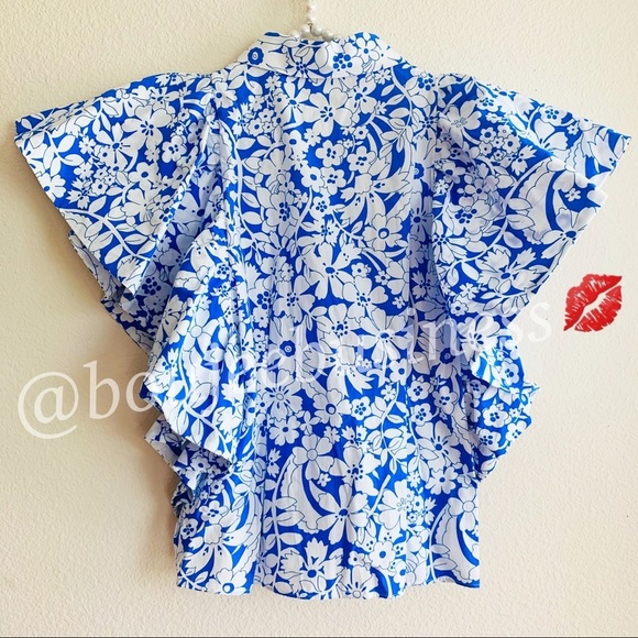 ZARA BNWT Blue/White Printed Poplin Cotton Top with Ruffled Sleeves Size M - Picture 9 of 9